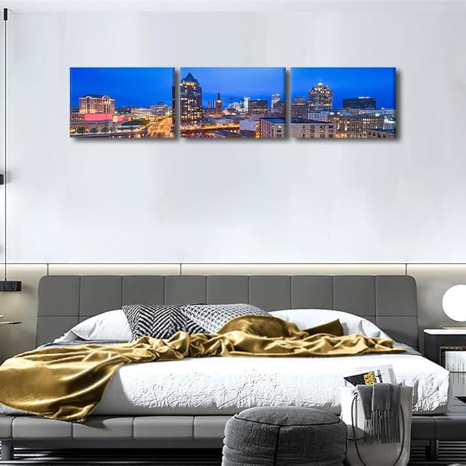 Native American Decor Skyline of Downtown Milwaukee Wall Art Cityscape Pictures Wisconsin, USA Panoramic Paintings Canvas City Skyline at Dusk Artwork Home Decor Framed Ready to Hang 14x60 Inch