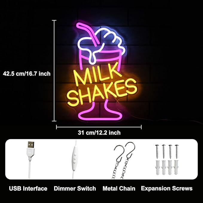 Milk Shakes Neon Signs Ice Cream Neon Sign Milk Tea LED Neon Light Frozen Yogurt Neon Signs for Wall Food Drink Restaurant Lights Neon Wall Decor Light Up Signs for Dessert Shop Bar Decor