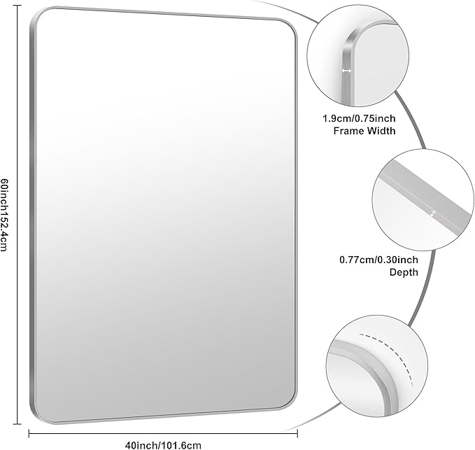 KOCUUY Silver Bathroom Mirror, 60x40 Inch Large Bathroom Mirror for Over Sink, HD Tempered Glass, Anti-Rust Brushed Silver Frame, Rounded Corner Modern Design for Bathroom, Hang Horizontal/Vertical