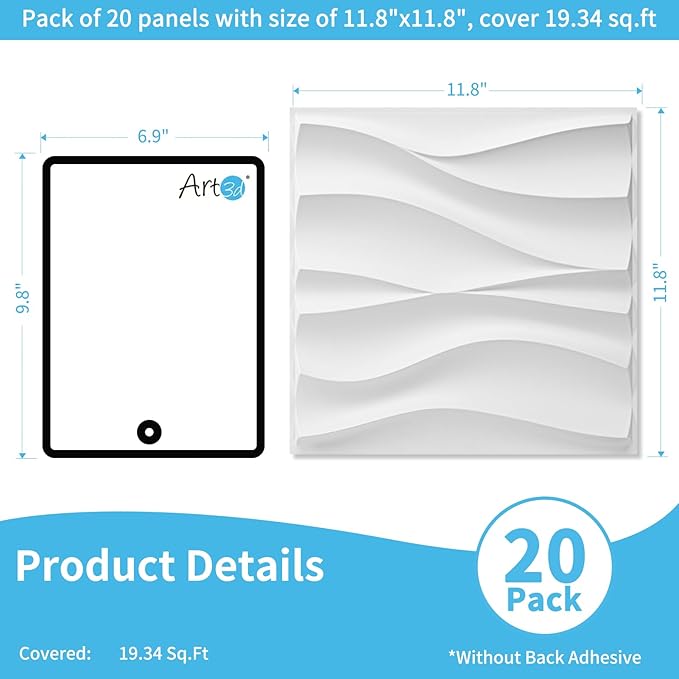 Art3d 20 Pack Decorative 3D Wall Panels, 19 Sq.Feet PVC Interior Wall Décor, 11.8"x11.8", White