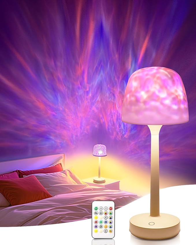 Ocean Wave Cordless Projector Light, RGB Color Changing Table Lamp, Portable Battery Night Light LED Aurora Projector with Remote Control for Bedroom Living Room Game Party Atmosphere Lights