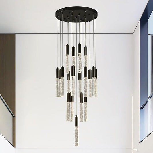 Modern Black Pendant Lights, Large Raindrop LED Hanging Lamps High Ceiling, Round Dimmable Crystal Chandeliers for Dining Room Living Room Staircase Farmhouse