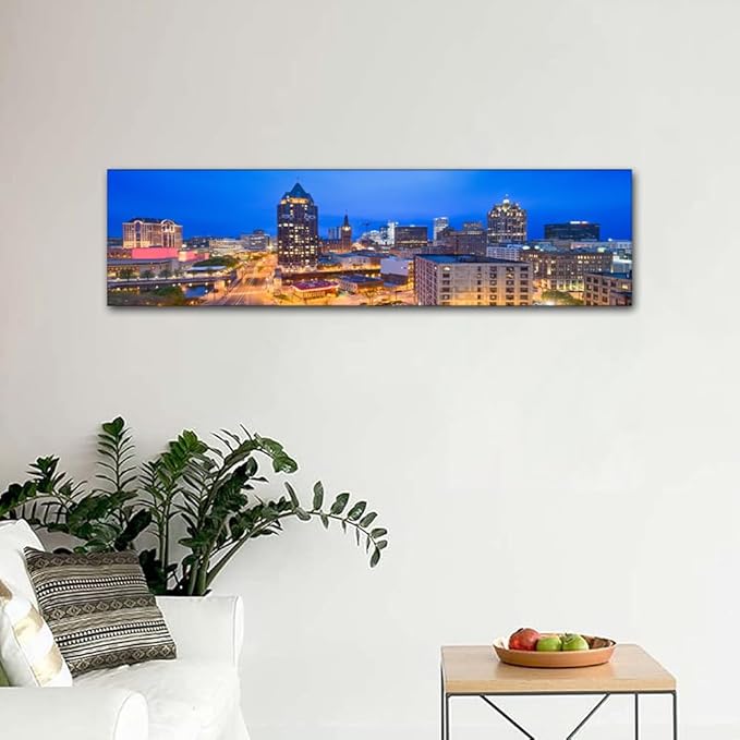 Native American Decor Skyline of Downtown Milwaukee Wall Art Cityscape Pictures Wisconsin, USA Panoramic Paintings Canvas City Skyline at Dusk Artwork Home Decor Framed Ready to Hang 12x46 Inch