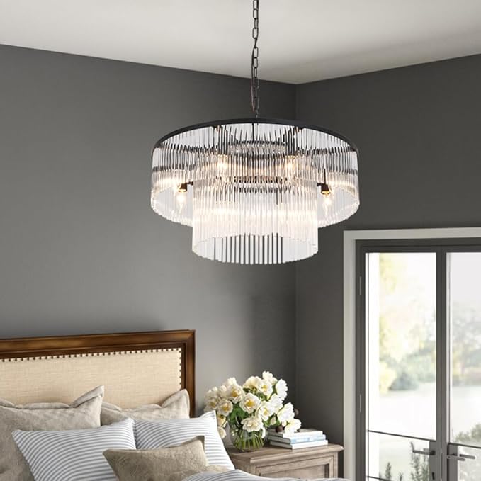Black Modern Chandelier, 2-Tier Crystal Glass, 8-Light Round Dining Room Chandelier, Contemporary Pendant Ceiling Light for Bedroom Foyer Entryway, 23.6''