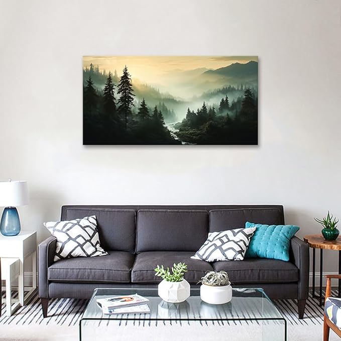 BYXART Misty Forest Canvas Wall Art Foggy Mountain Landscape Nature Picture Decor for Bathroom Living Room Pine Trees Smoky Scenery Painting Artwork for Bedroom Home Office Decorations 48L x24W