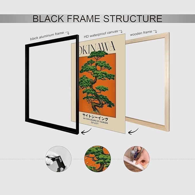 Japanese Canvas Wall Art Orange Okinawa Prints Retro Japanese Bonsai Tree Picture Modern Ukiyo-e Decor Poster for Asian Living Room Bedroom Dorm Bathroom 16x24 inch Black Framed
