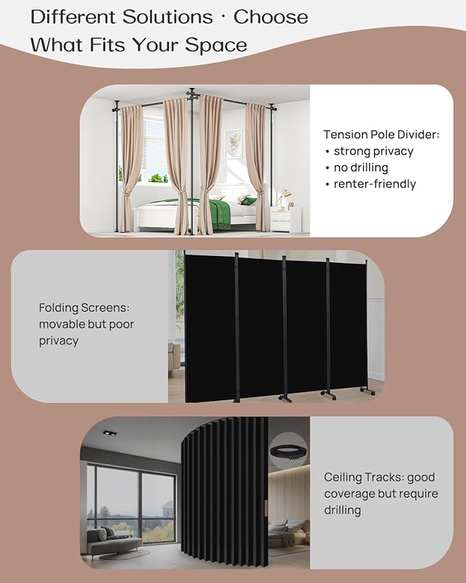 ALLZONE Partition Room Divider Curtain Rod, Adjustable Wall Divider for Room Separation, 63 to 130inch(H) & 31 to 135inch(W), No Drill, Three Mounting Options, Ideal for Creating Privacy Space, Black