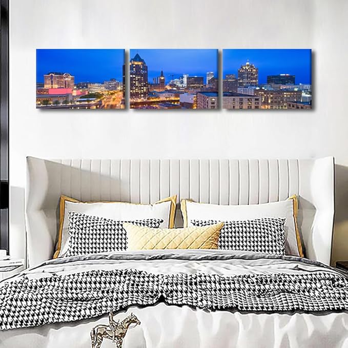 Native American Decor Skyline of Downtown Milwaukee Wall Art Cityscape Pictures Wisconsin, USA Panoramic Paintings Canvas City Skyline at Dusk Artwork Home Decor Framed Ready to Hang 16x72 Inch