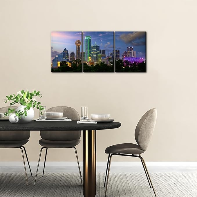 Pacimo Canvas Art Wall Decor Dallas City Skyline Pictures Landscape Painting Prints Texas Cityscape Modern Artwork Decoration for Home Decor Stretch and Framed Ready to Hang - 12"x16"x3 Panels