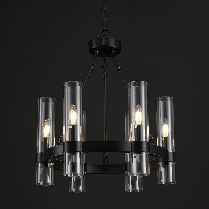 20 Inch Black Wagon Wheel Chandelier, Industrial Chandeliers with Glass Shade, 6-Light Large Round Chandelier, Farmhouse Chandeliers for Dining Room, Living Room, Bedroom and Entryway