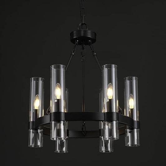 20 Inch Black Wagon Wheel Chandelier, Industrial Chandeliers with Glass Shade, 6-Light Large Round Chandelier, Farmhouse Chandeliers for Dining Room, Living Room, Bedroom and Entryway