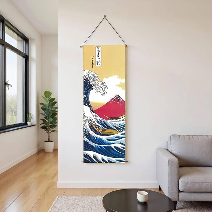 Japanese Scroll Oriental Wall Art Decor, Long Vertical Tapestry, Ukiyo-e The Great Wave Off Kanagawa by Hokusai - W15.7" x H47.2" - for Living Room,Bedroom,or Office Sushi bar Asian Restaurant CTT-18