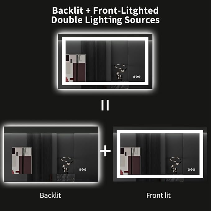 LOAAO 40X24 LED Bathroom Mirror with Lights, Anti-Fog, Dimmable, Backlit + Front Lit, Lighted Bathroom Vanity Mirror for Wall, Memory Function, Tempered Glass (Safe to Use)