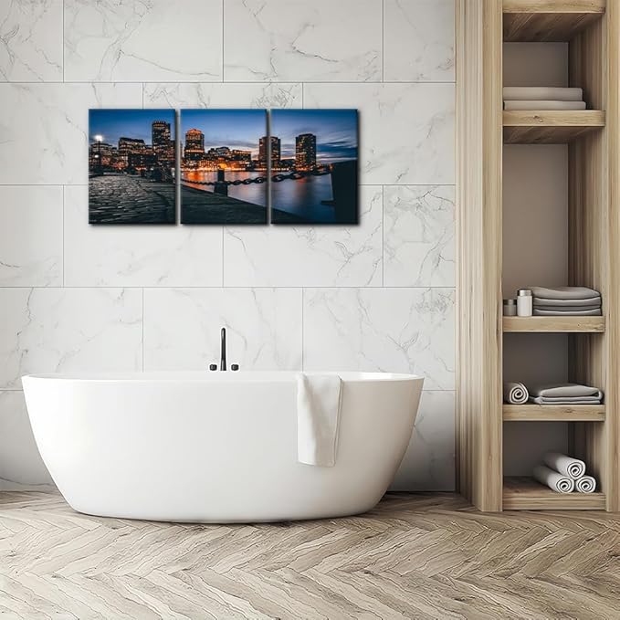 Pacimo Canvas Print Wall Art Set Boston Harbor Pictures Painting Realism Contemporary Cityscape Skyscrapers Modern Artwork for Living Room Bedroom Office Stretch and Framed - 12"x16"x3 Panels