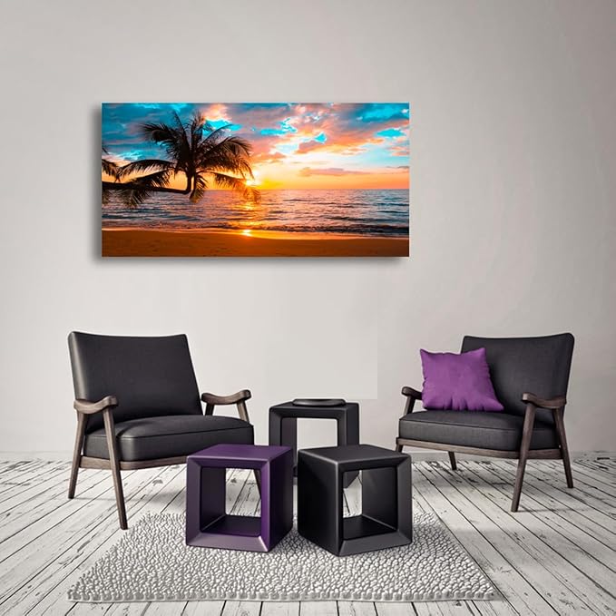 Beach Sunset Pictures Canvas Wall Art For Living Room Bedroom Wall Decor,Sunset Wall Art Print Paitnings For Home Decor,Morden Artwork Palm Cloud Canvas Art Waterproof Ready To Hang-24x48 Inches