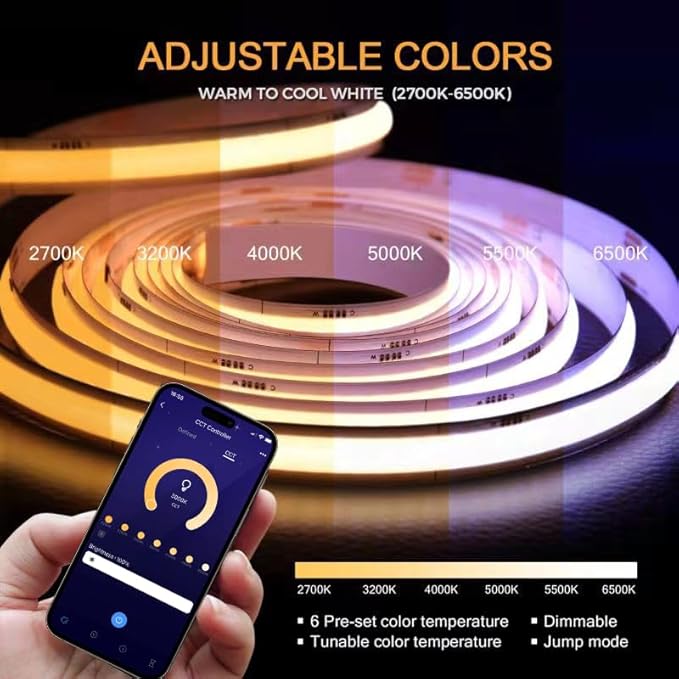 CCT COB LED Strip Light 16.4ft, Tunable White Warm White to Cool White LED Strip, 608LEDs/M DC24V Tape Light, CRI90+, Bluetooth App Control, Dimmable Strips for Bedroom, Office, DIY Lighting.