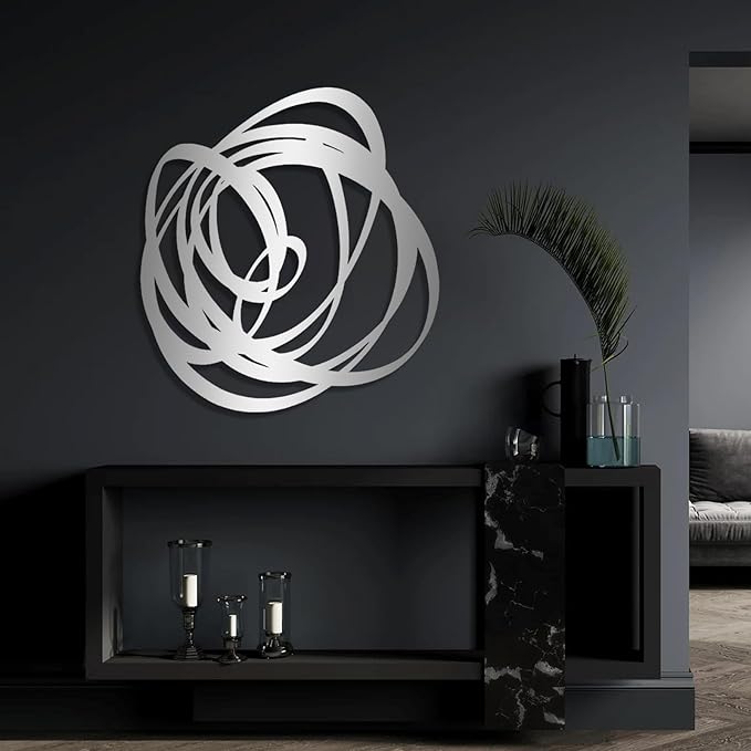 Kewhush Abstract Metal Wall Art, Modern Abstract Decor, Unique Metal Decor, Contemporary Wall Art for Living Room (Silver, 35"x33" | 90x83 cm)