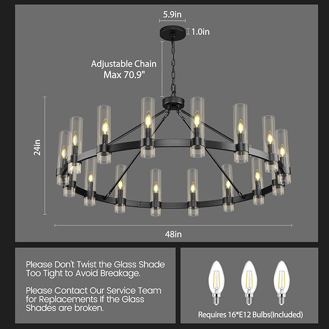 Black Wagon Wheel Chandelier, 48" Modern Chandeliers with Glass Shade, 16-Light Large Chandelier for High Ceiling, Farmhouse Chandeliers for Dining Room, Living Room, Foyer, Stairway(Bulbs Included)