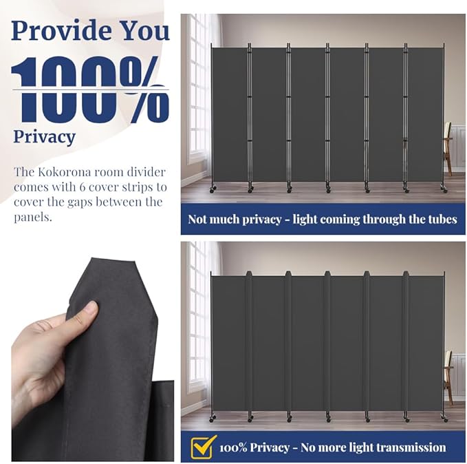 Kokorona 6 Panel Room Divider, 6FT Tall Rolling Privacy Screen with Lockable Wheels, Folding Wall Dividers Portable Room Divider for Room Separation, Included - Cover Strips, Grey, 119''W x 70''H