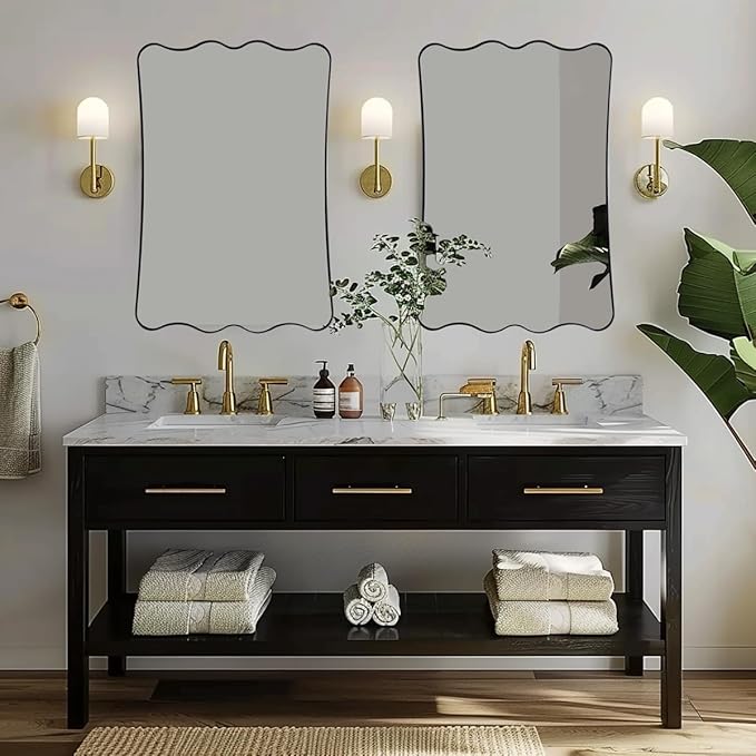 ANDY STAR 24x36 Wavy Rectangle Bathroom Mirror, Matte Black Scalloped Mirror with Curved Design, Irregular Wall Mirror for Vanity, Powder Room, Wall Decor, Stainless Steel Frame, Anti-Rust