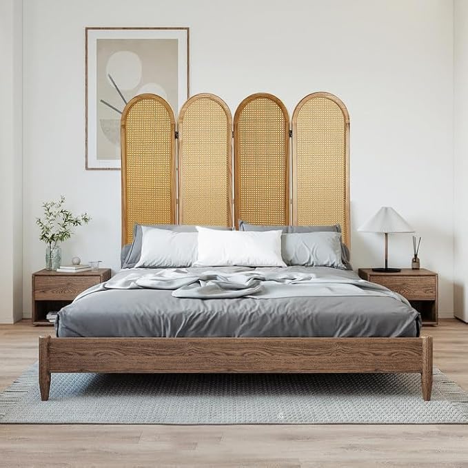 4 Panel Rattan Room Divier, Room Divider Panel and Folding Privacy Screens, Room Divider Wall, Solid Wood Frame, Partition Room Dividers, Bedroom, Dining Room, Lounge, Light Brown