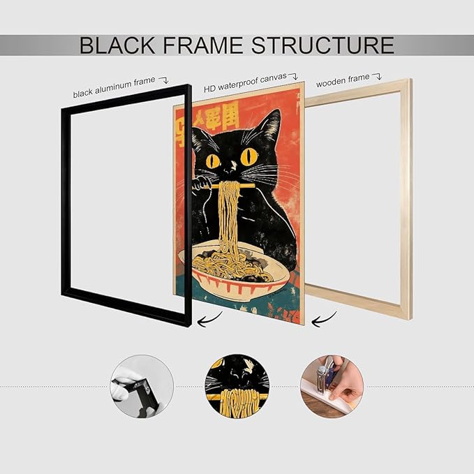 Black Framed Canvas Wall Art Posters Vintage Funny Black Cat Eating Ramen Unique Kitchen Decor Artwork Japanese Prints for dining Room Bedroom or Living Room Decoration 12x16 inch
