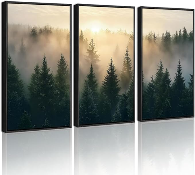 KUVIOKE Sun Dawn Fog Pine Tree Framed Wall Art Morden Nature Nordic Forests Artwork Home Decor 16x24in (Black Framed)