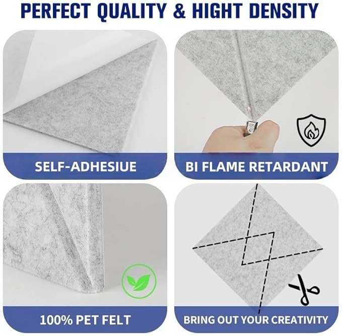 12 Pack of Self-Adhesive Soundproof Panels, 12"x12"x0.4" Polyester Soundproof Foam Panels, Decorative Noise Reduction Wall Panels, Acoustic Panels for Walls, Ceilings and Doors