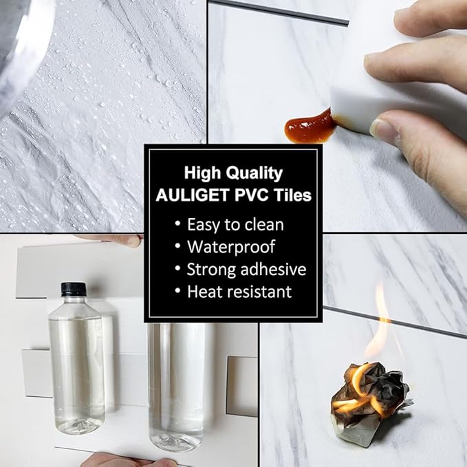 AULIGET 6" x 12" White Marble Peel and Stick Backsplash Wall Tiles, PVC Faux Stone Stick on Tiles for Backsplash Kitchen, Bathroom, Laundry Room, Camper, Fireplace (Pack of 20)