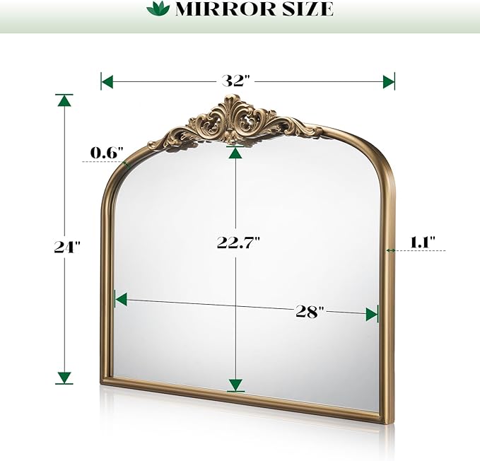 Arched Antique Wall Mirror, 32"x24" Wide Vintage Gold Bathroom Vanity Mirror, Ornate Arch Bronze Mirror for Over Sink/Fireplace/Entryway