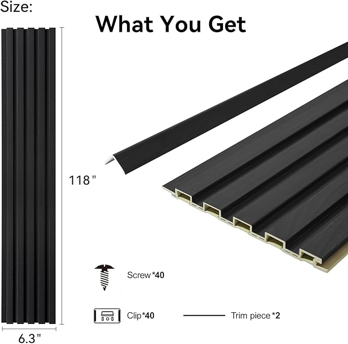 8-Pack WPC Wall Panels 118’’ x 6.3’’ 3D Slat Wall Panel Acoustic Wall Paneling for Interior Wall Decor TV Background Kitchen Bedroom Black