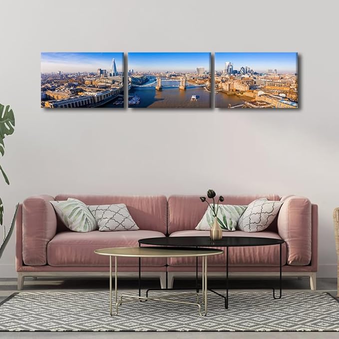 Aerial View of the Tower Bridge in London City Skyline Pictures for Living Room Cityscape Canvas Wall Art Modern Decor Beautiful Panorama of London Tower Bridge Artwork Posters Prints 14x60 Inch