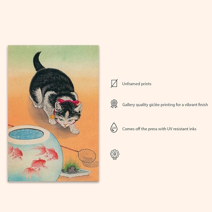 OZCONO Japanese Cat and Goldfish Art Print, Gallery Quality Giclée, UV-Resistant Inks, Vintage Asian Wall Decor (18L x 12W)