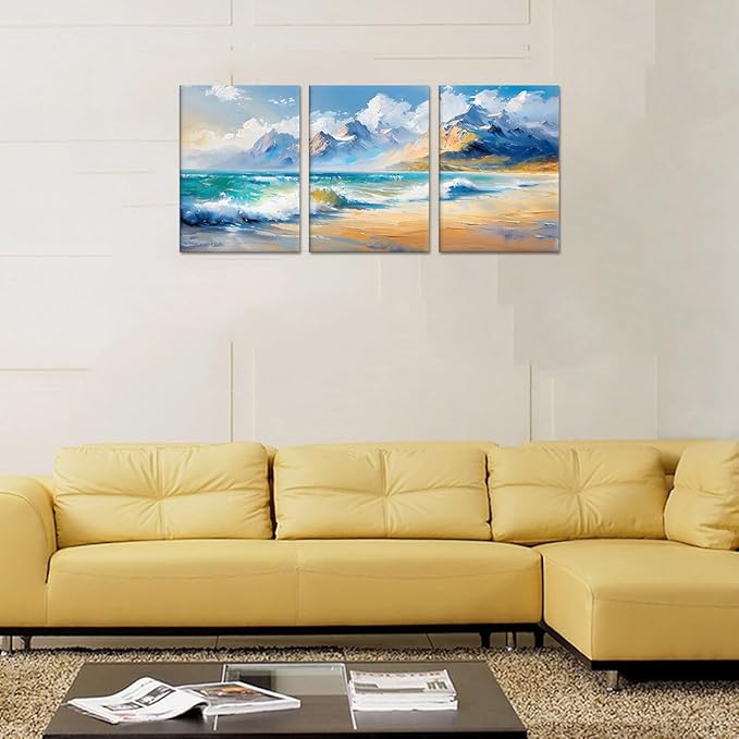 MAMAGO Ocean Beach Wall Decor 3 Pieces Modern Natural Seascape Canvas Print Oil Painting Coastal Aesthetic Artwork for Apartment Dormitory Nursery Wall Art Framed Easy to Hang-20”x28”x3pcs