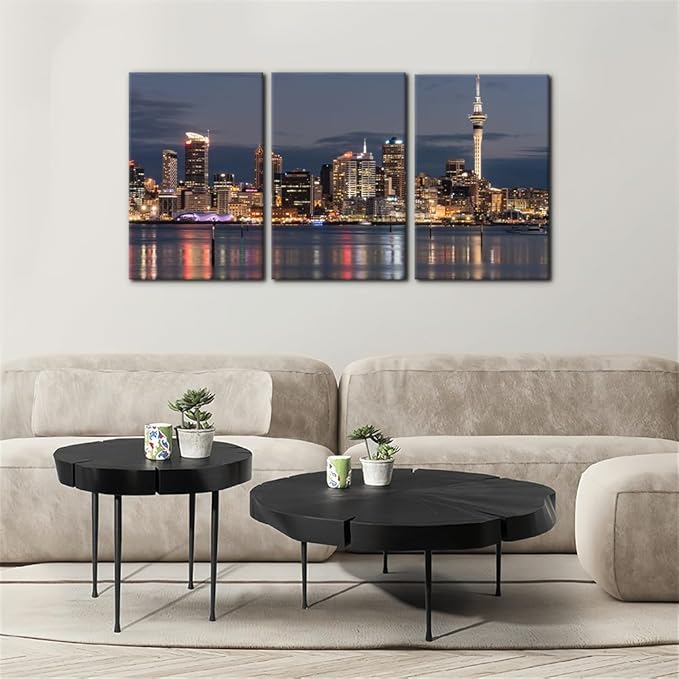 Pacimo Auckland Cityscape Wall Art - Framed Canvas Painting Prints with City Night Skyline Design - Perfect for Modern Artwork Home Decor Wall Decor for Living Room Bedroom Office - 16"x24"x3 Panels