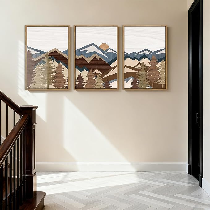 BINCUE Large Boho Mountain Canvas Framed Wall Art Set of 3 Forest Mountain Sun Wall Decor Boho Artwork for Living Room Bedroom Office 24x36 Inch Gift