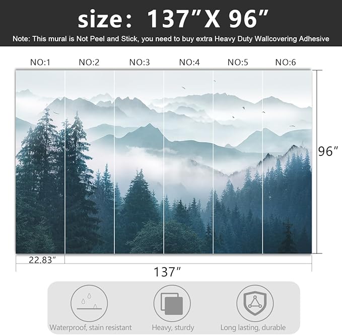 -Foggy Forest Pine Scenery Fabric Wallpaper Living Room Bedroom Bathroom Mountain Large Wall Mural- 137"x96"（ not Peel and Stick）