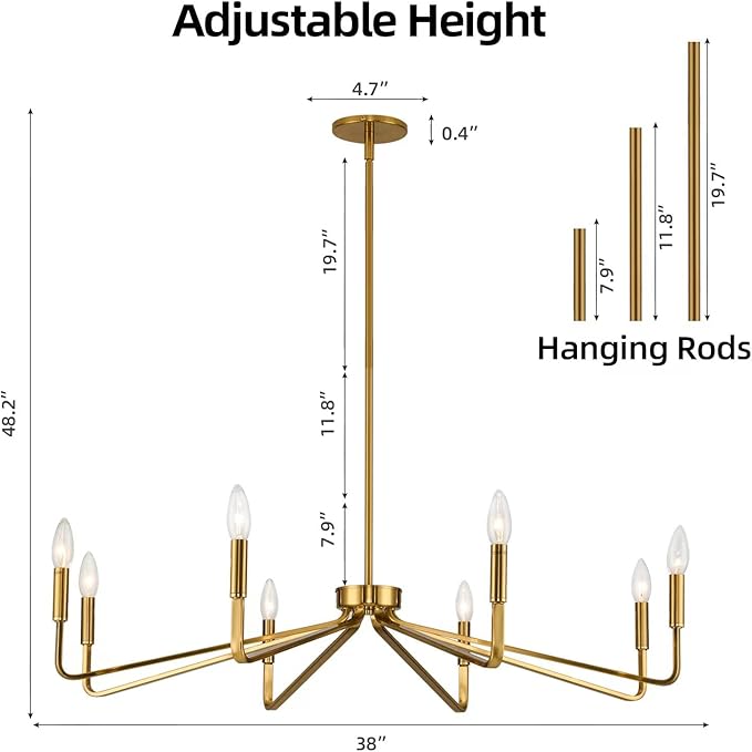 38" Gold Chandeliers for Dining Room, 8-Light Modern Farmhouse Chandelier Light Fixture, Brushed Brass Industrial Candle Lighting Hanging Ceiling for Living Room Bar Kitchen Island Lights