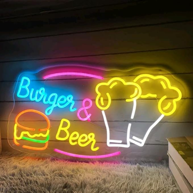 Burger & Beer Neon Sign, Custom Hamburger Snack Bar LED Neon Night Home Wall Decor Fast Food Coffee Shop Restaurant Pub Business Decoration Size:20x13inches