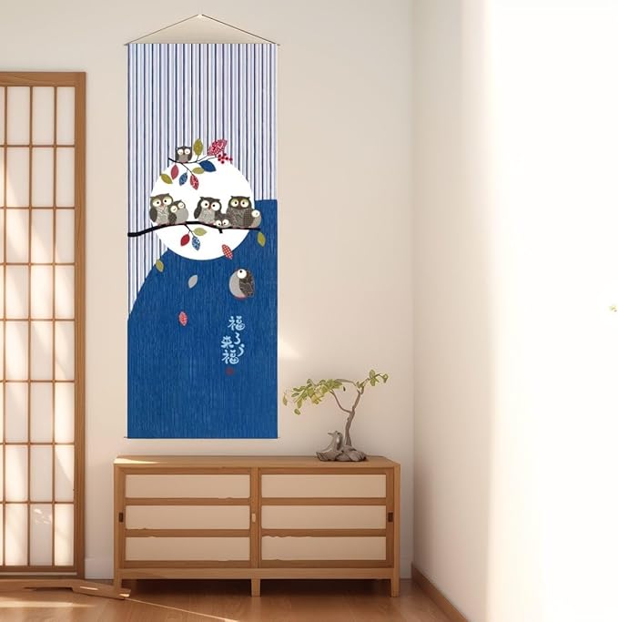 Japanese Tapestry Wall Art Scroll - Feng Shui & Lucky Symbols | W15.7xH47.2", Extra Long Vertical Hanging Decor for Bedroom, Living Room, Office | (Owl) CTT-128