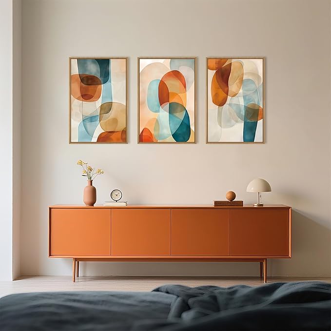 Large Abstract Color Block Framed Canvas Wall Art,Boho Orange and Blue Ovals Wall Decor,Modern Colorful Shape Artwork,Watercolor Geometric Art Print for Living Room,Bedroom,Office- 24"x36"x3