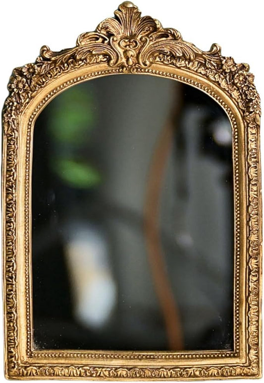 11” x 9.5” Small Gold Vintage Wall Mirror, Antique Gold Resin Baroque, Decorative Hanging & Tabletop