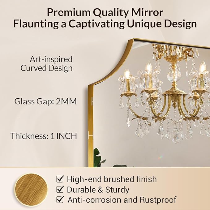 Brushed Brass Bathroom Mirror, 22x30 Inch Notched Corner Scalloped Rectangle Gold Bathroom Wall Mirror, in Anti-Rust Stainless Steel Metal Frame Hang Vertical/Horizontal for Home Decor