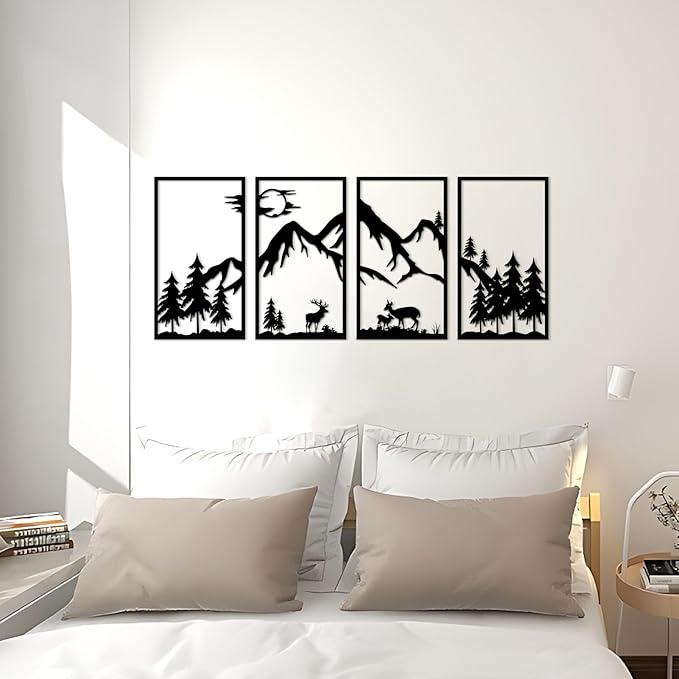 4 Pcs Mountain Scene Metal Wall Decor, Black Line Drawing Wall Art, Abstract Minimalist Rustic Nature Home Wall Art Sculpture for Garden Home Decor