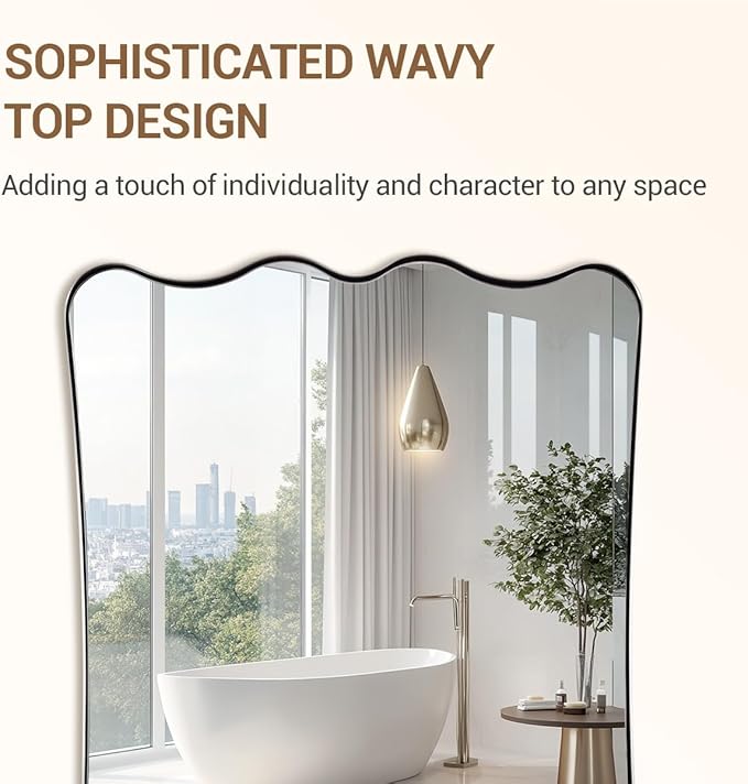 ANDY STAR Brushed Nickel Scalloped Rectangle Mirror, 24x36 Wavy Bathroom Mirror for Vanity, Asymmetrical Shaped for Entryway, Bedroom, Decor, Anti-Rust Stainless Steel Frame