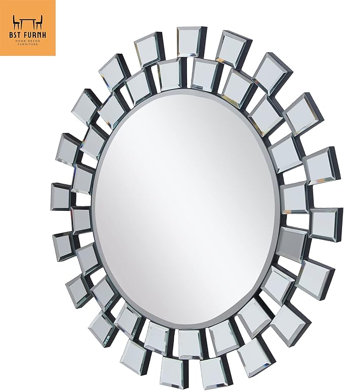 BST FURNH Sunburst Wall Mirror, 24 Inches Decorative Round Frameless Mirror for Living Room