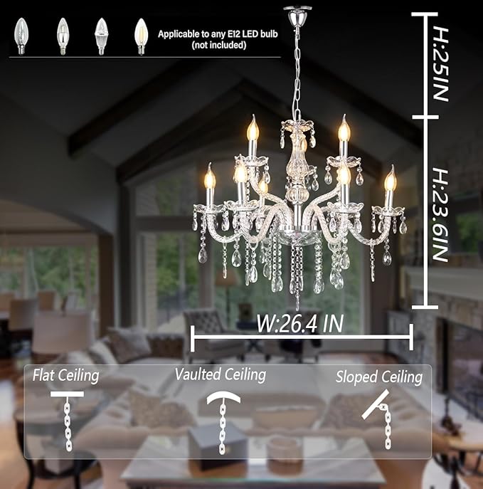 MALOSA Clear Crystal Chandeliers,9 Lights Glass Large Chandelier for Bedroom,Dining Room,Living Room,Double Layer 26.4"