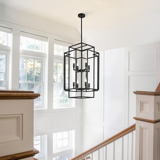 Black Farmhouse Chandelier, Large Chandeliers for High Ceilings, 8-Light Tiered Lantern Pendant Light Modern Foyer Lighting Fixtures, for Entryway Staircase