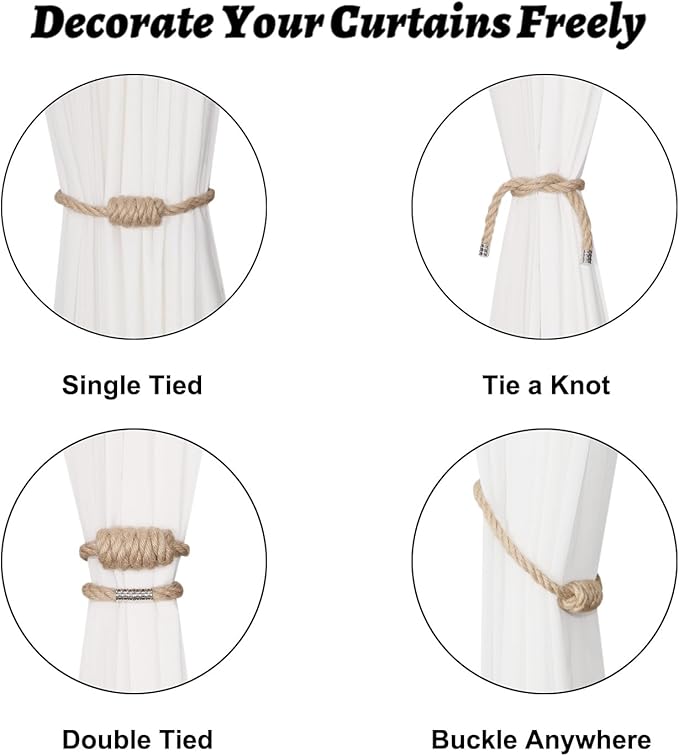 BEL AVENIR Magnetic Jute Curtain Tiebacks, Decorative Drapery Holdbacks Bohemian Style Woven Tie-Backs with Exquisite Knot (Jute, 2 Pack)