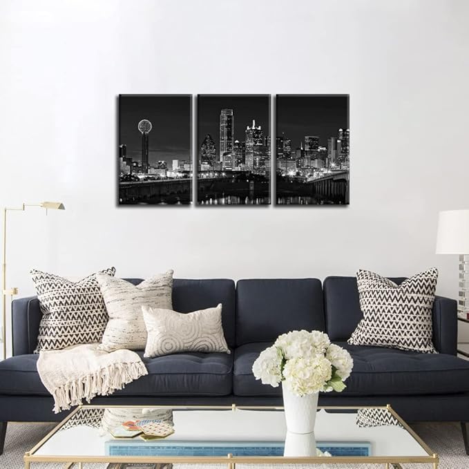 NAN Wind 3 Pcs Black & White Canvas Art - Dallas Skyline Downtown Cityscape Night Scene Picture Prints On Canvas for Home Decor